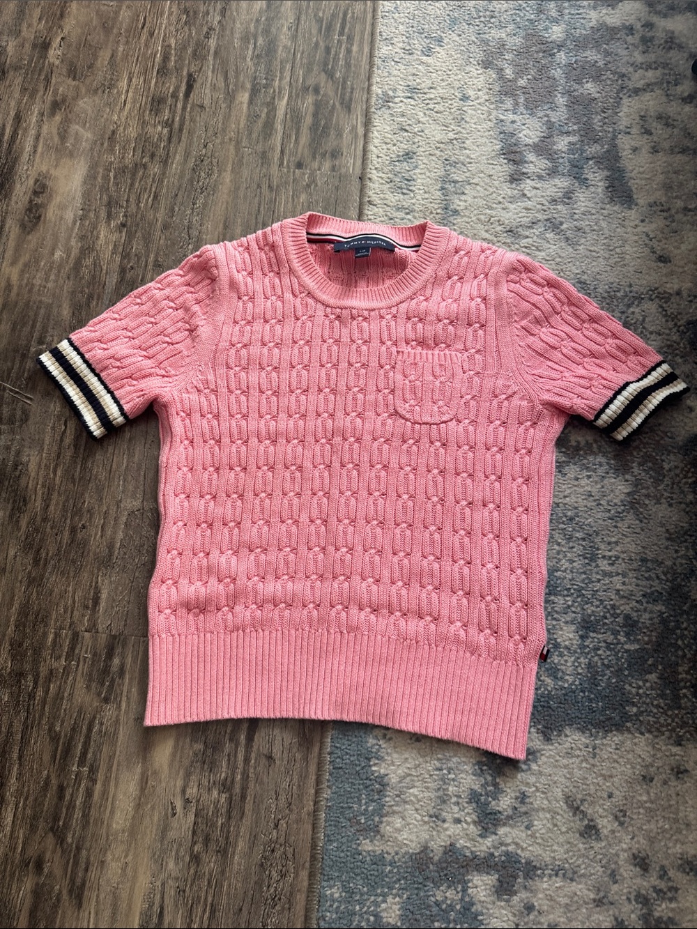 Tommy Hilfiger Pink Cable-Knit Short Sleeve Sweater